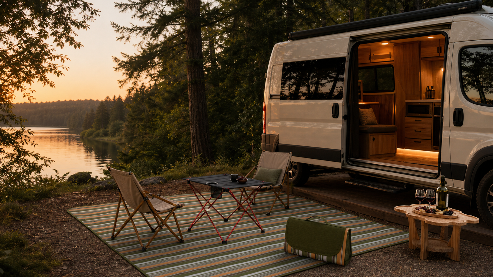 A calm outdoor room beside a cream RV at sunset