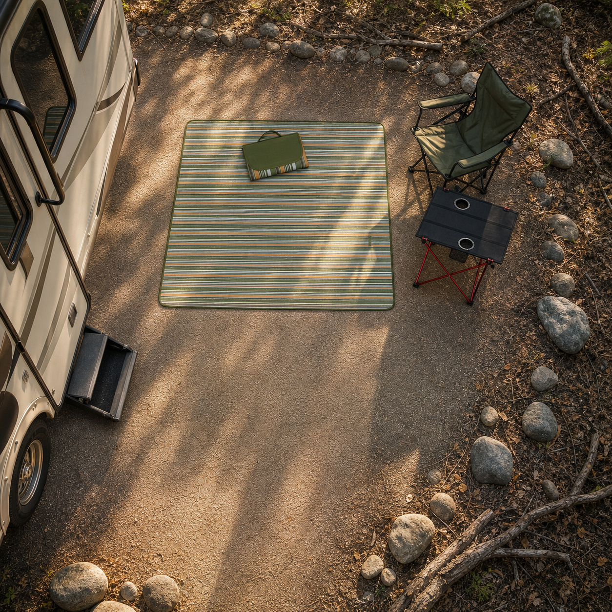 Top-down view of a clear outdoor RV living zone
