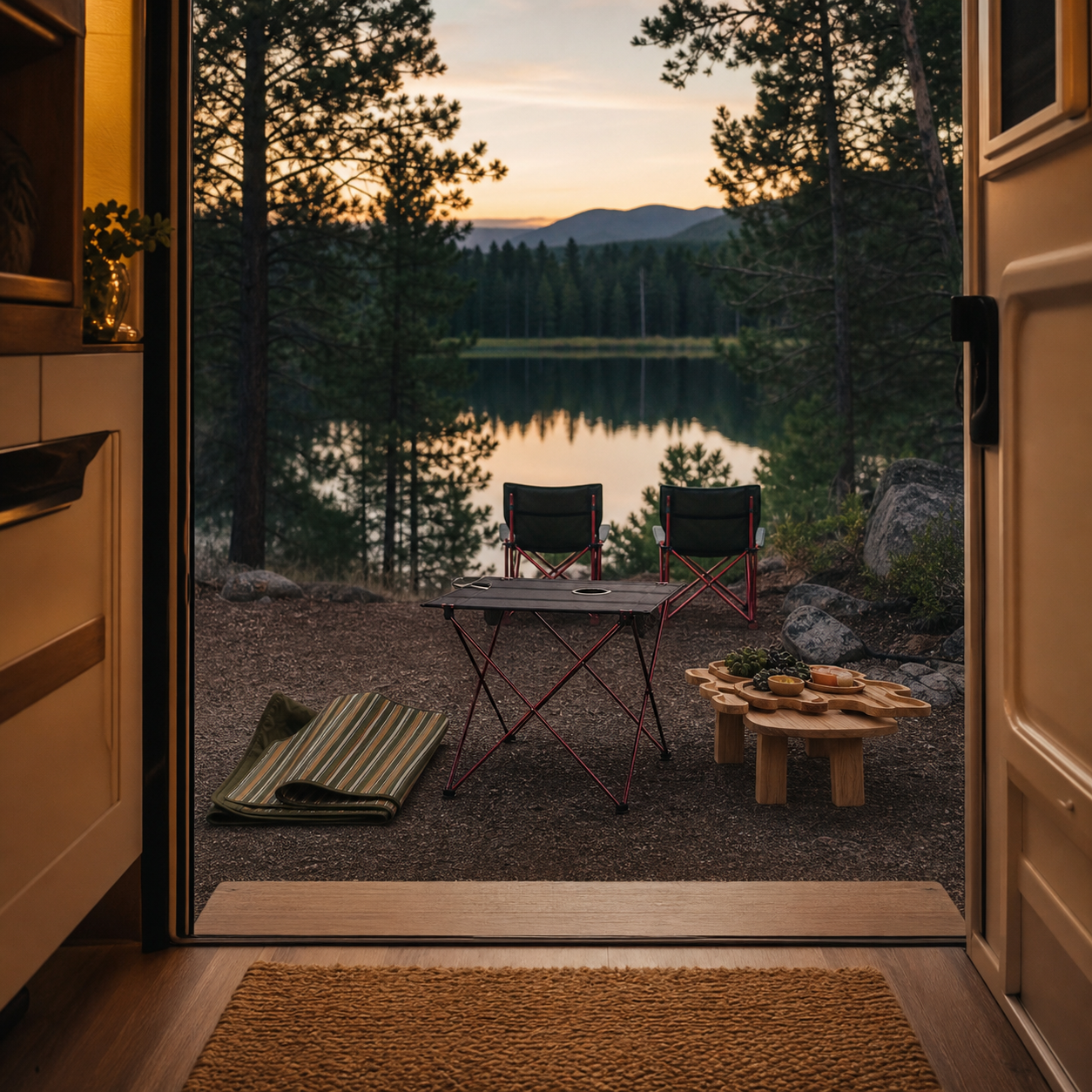 A calm outdoor RV setup being reset before travel at dusk